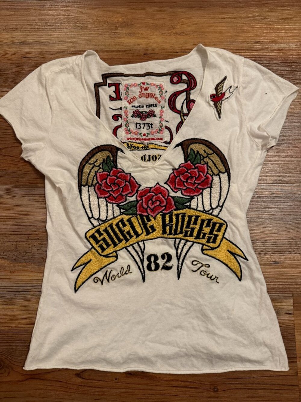 Johnny Was Los Angeles  Rare Suede Roses World Tour 82’ Embroidery Shirt White